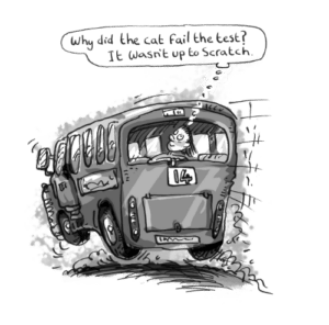 Illustration of a boy practicing jokes while on a bus.