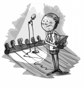 Illustration of a nervous-looking boy on stage in front of a large audience.